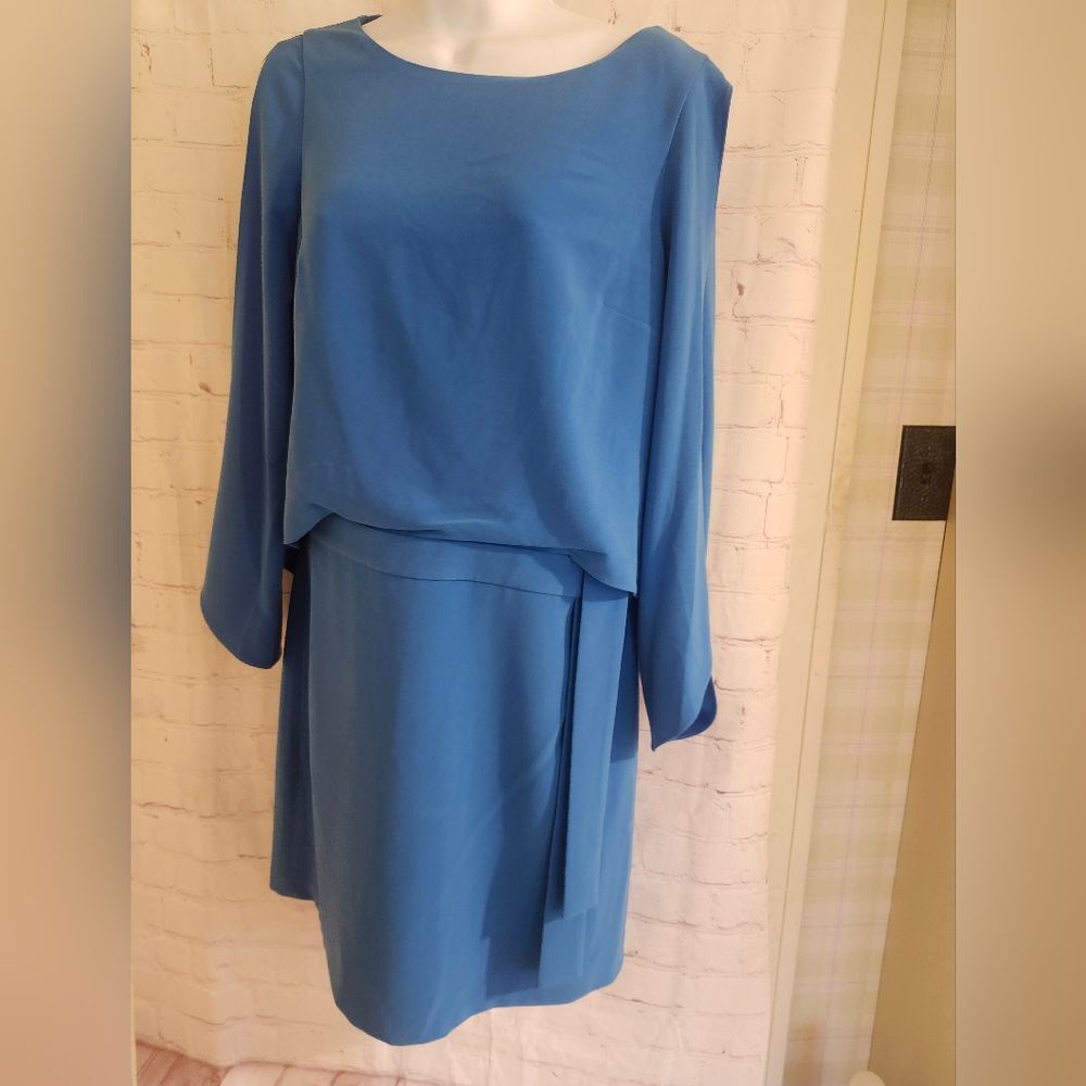 NWT Halston Evening "Blue Wave" Crepe Slit Sleeve Mini Dress Sz.4 Ret.$295